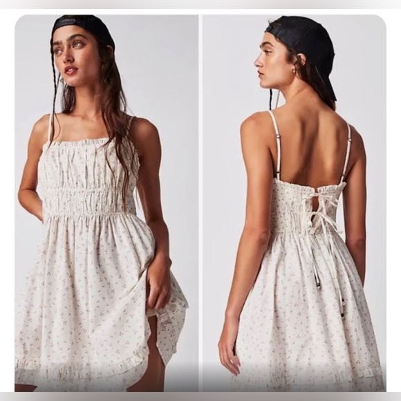 Free People white purple gabby ruffle smocked Mini Dress size medium new - Picture 4 of 5